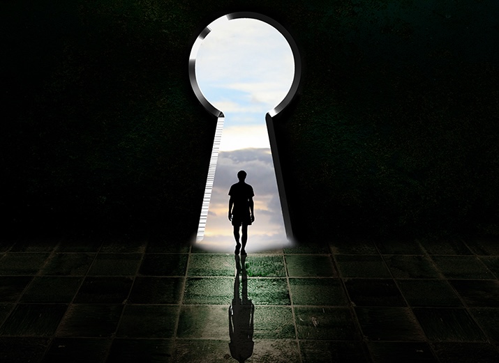 young man in keyhole light, schematic dark room with a big key door way, surreal shadow and lights, find your business way, 3D visualisation, concept illustration.
